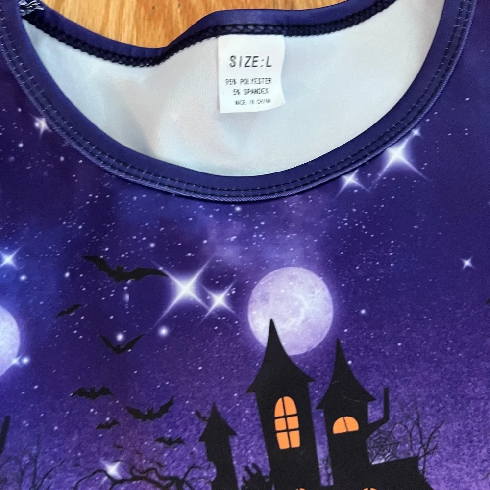 purple halloween pumpkin and haunted house dress